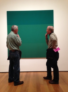 Hugh and Dennis in green sweaters contemplating this green untitled work by Blinky Palermo
